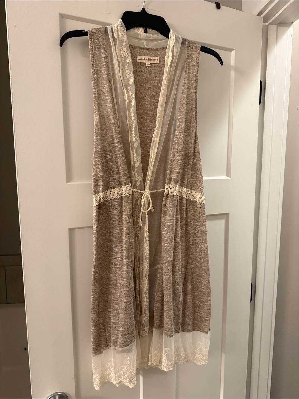 Altar'd State Beige Lace-Trim Open Cardigan Vest